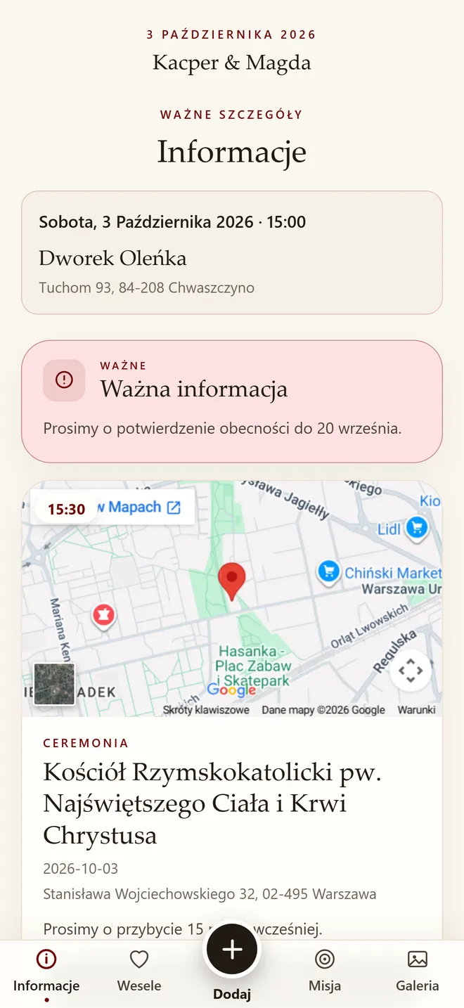 Aplikacja gościa: data, sala, mapa dojazdu i ceremonia