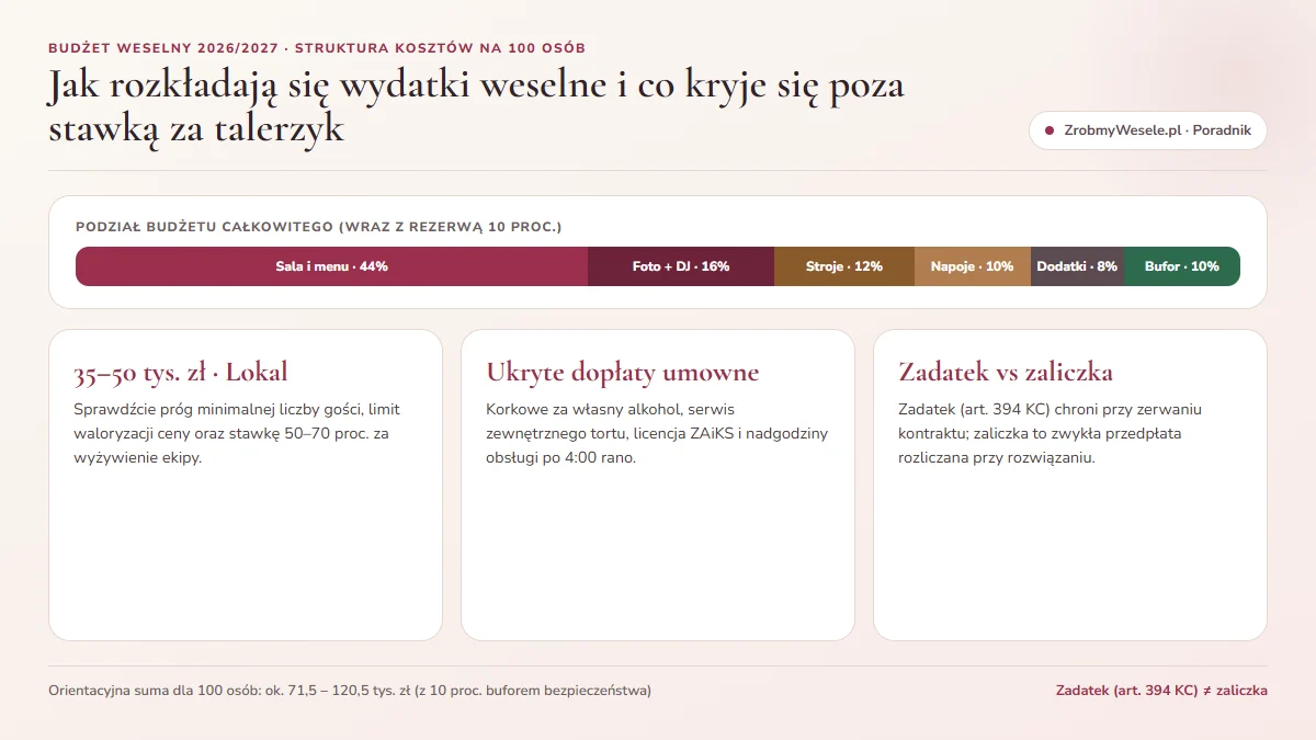 Struktura procentowa budżetu weselnego na 100 osób: gastronomia i napoje, foto-wideo i muzyka, stroje i obrączki, dekoracje oraz 10 proc. rezerwy