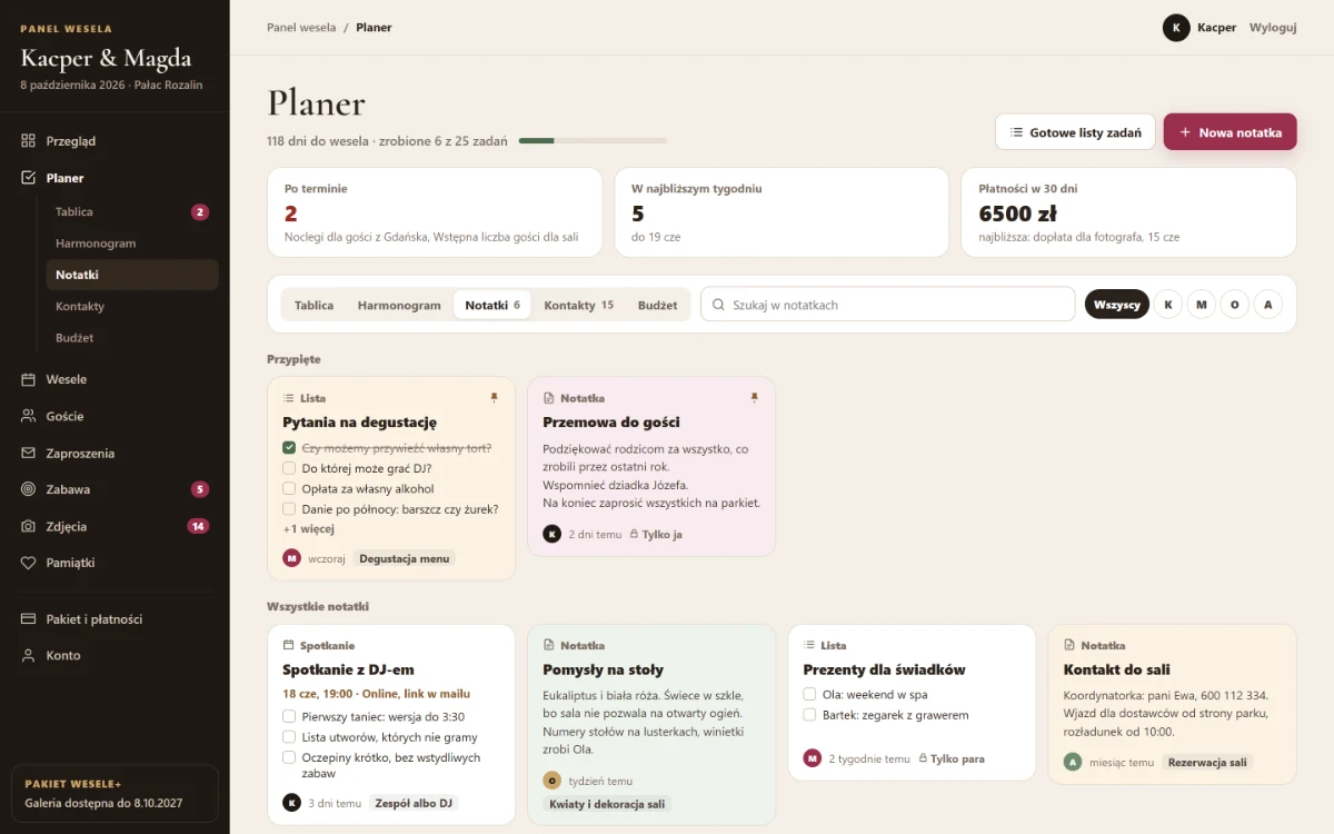 Widok notatek i list kontrolnych do odhaczania w planerze weselnym ZrobmyWesele.pl